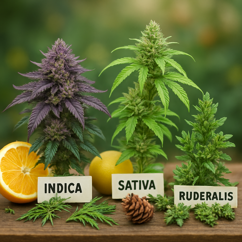 A still life arrangement showcasing various cannabis strains: Indica, Sativa, Ruderalis, and hybrids with